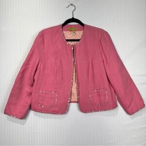 Sigurd Olsen Pink Linen Bead Embellished Cropped Blazer Jacket Petite Size 14